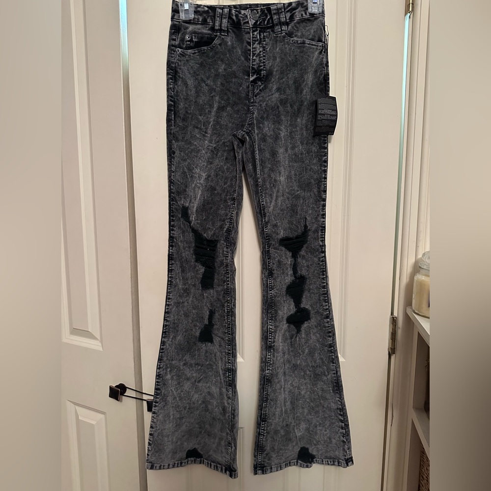 NWT F21 black/grey velvet ripped flared jeans